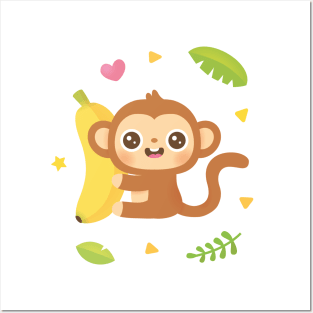 Cute Monkey and Banana Tropical Vibes Posters and Art
